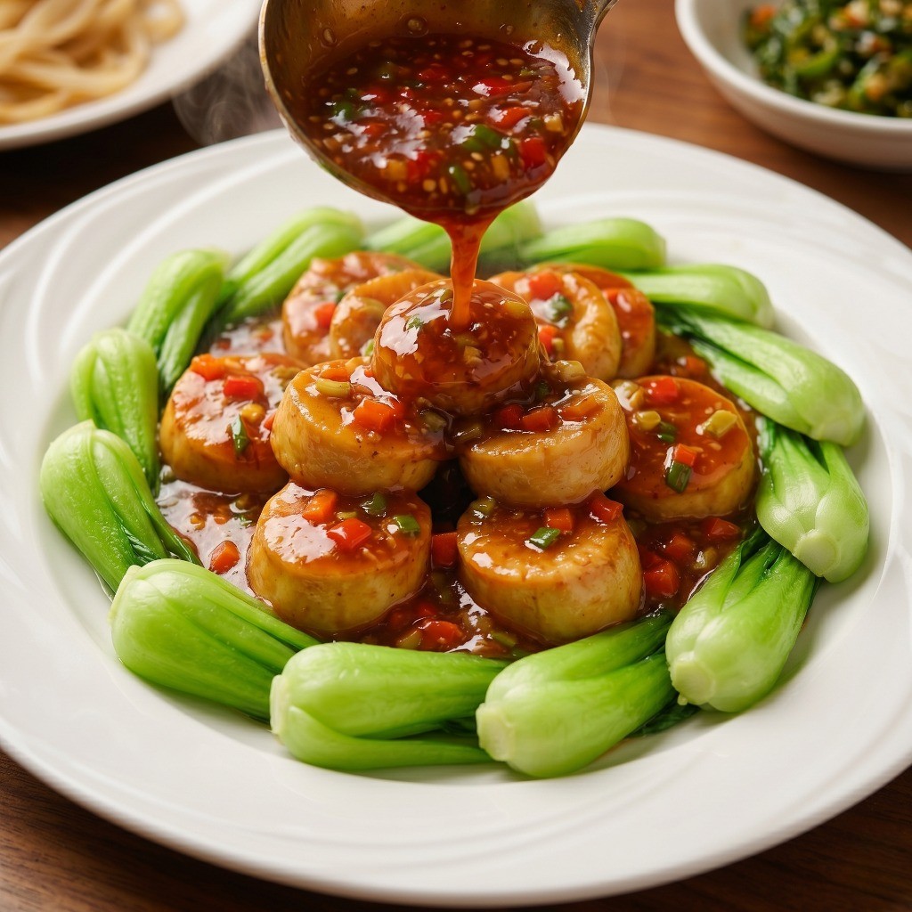 구운 새송이버섯 위에 매콤달콤한 어향소스를 듬뿍 얹은 최종 플레이팅