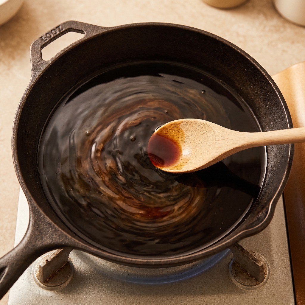 물, 간장, 굴소스, 설탕을 섞어 계란덮밥 기본 소스를 만드는 과정