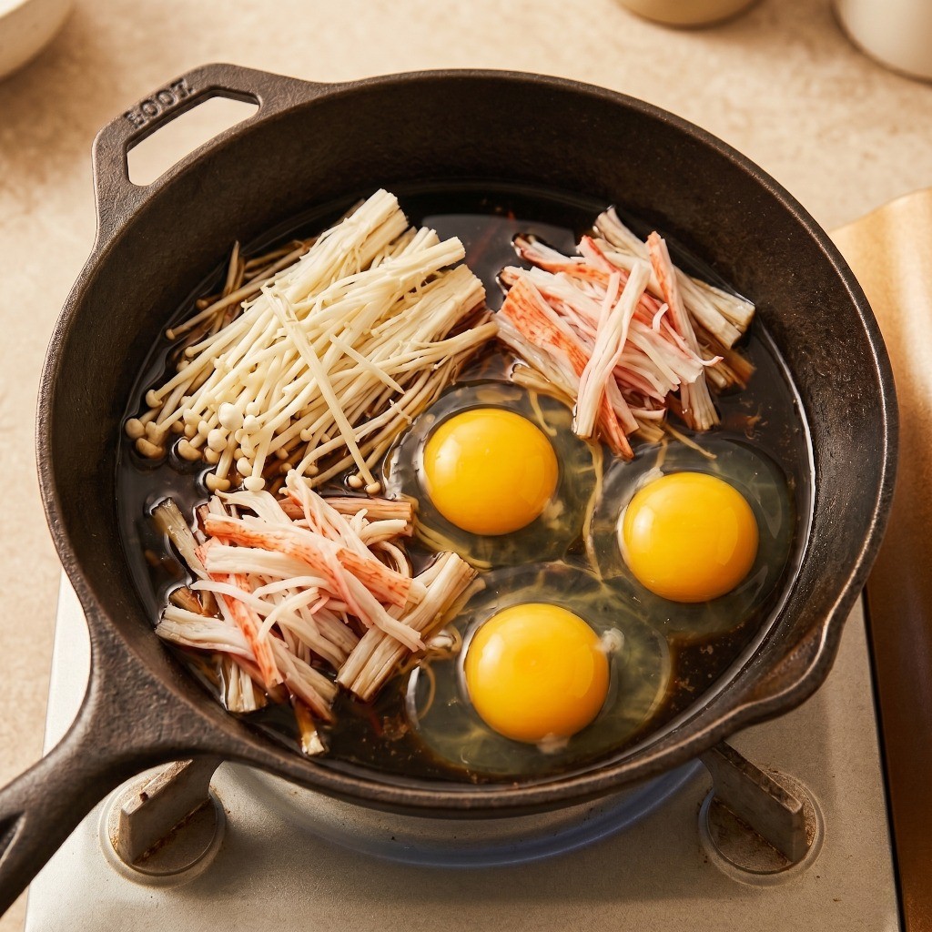 계란덮밥 소스에 찢은 팽이버섯, 크래미, 날계란을 넣고 섞는 과정