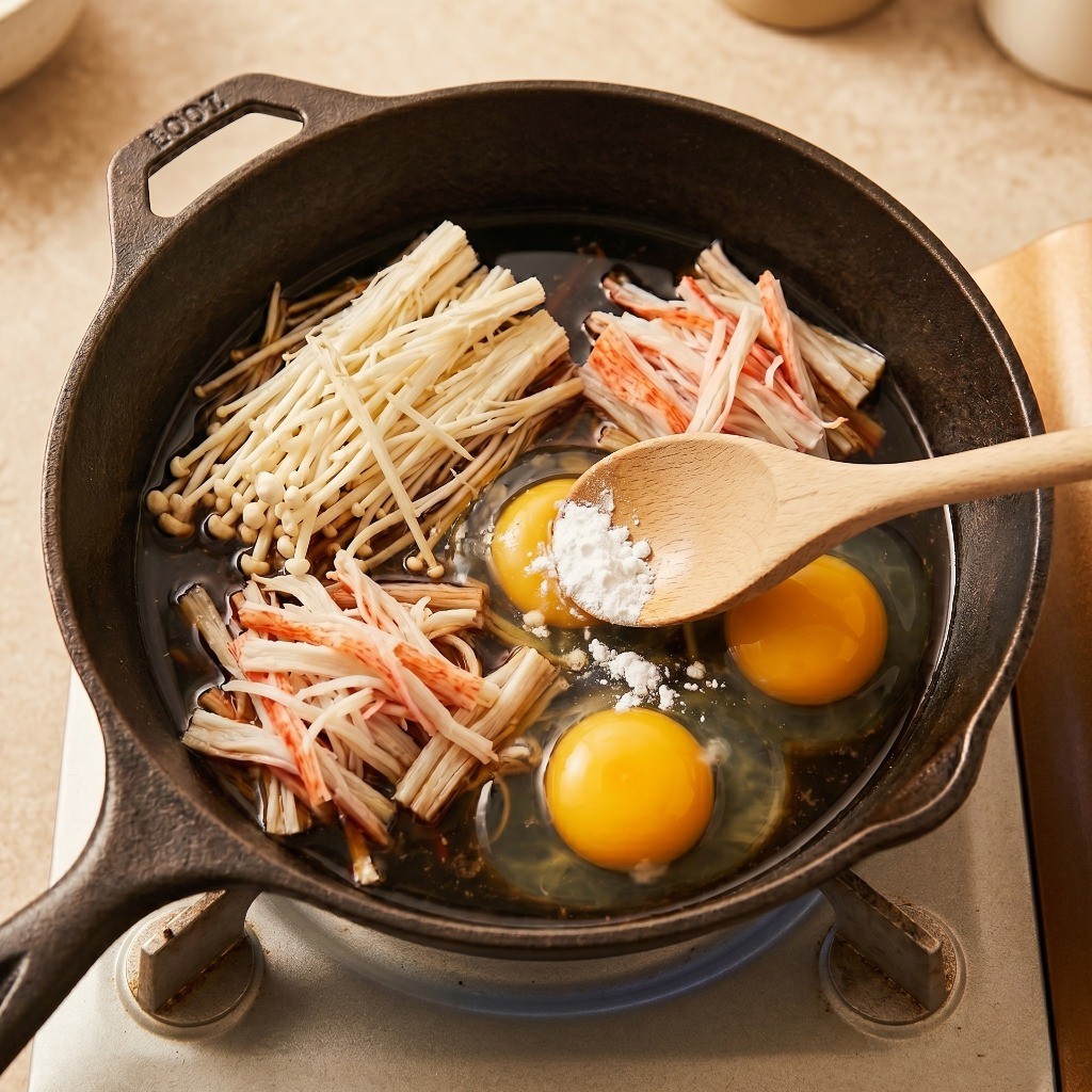 불을 켜기 전 계란덮밥 소스에 전분 가루를 덩어리 없이 풀어주는 과정