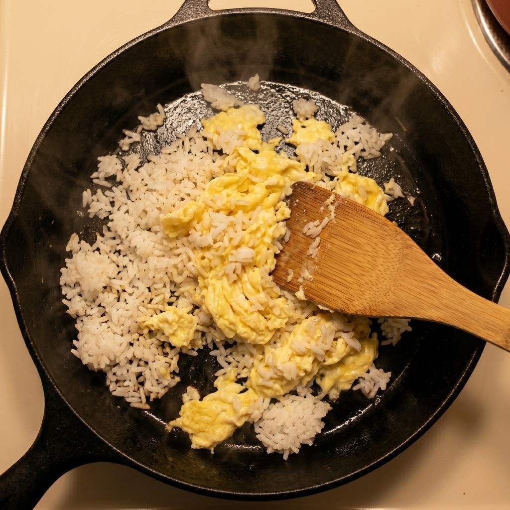 수분을 날린 즉석밥과 계란을 팬에서 고슬고슬하게 볶아내는 과정