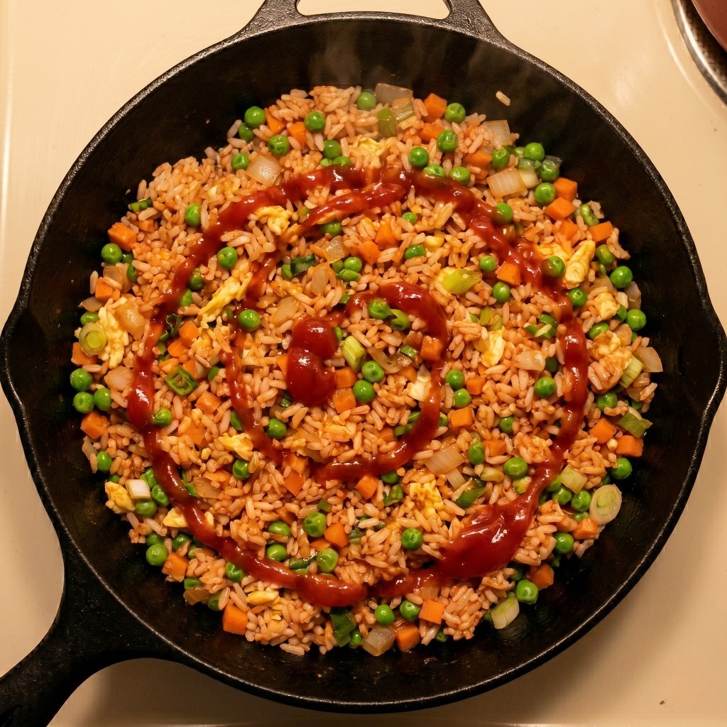 고슬고슬한 밥에 완두콩, 대파 등 야채와 토마토케첩을 넣고 볶아낸 볶음밥