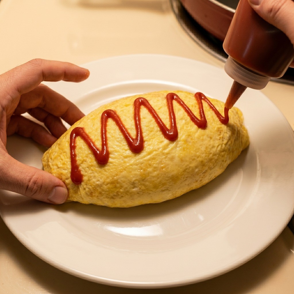 계란 지단으로 감싼 볶음밥 위에 케첩을 뿌려 완성한 중화 오므라이스 플레이팅