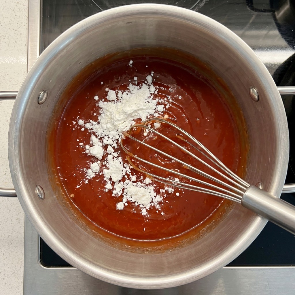 가열 전 칠리새우 소스에 전분가루를 뭉침 없이 완벽하게 풀어주는 과정