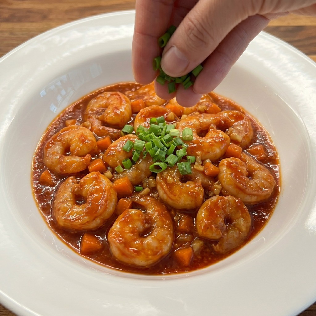 그릇에 담은 초간단 이연복 칠리새우 위에 대파 고명을 얹어 마무리한 모습