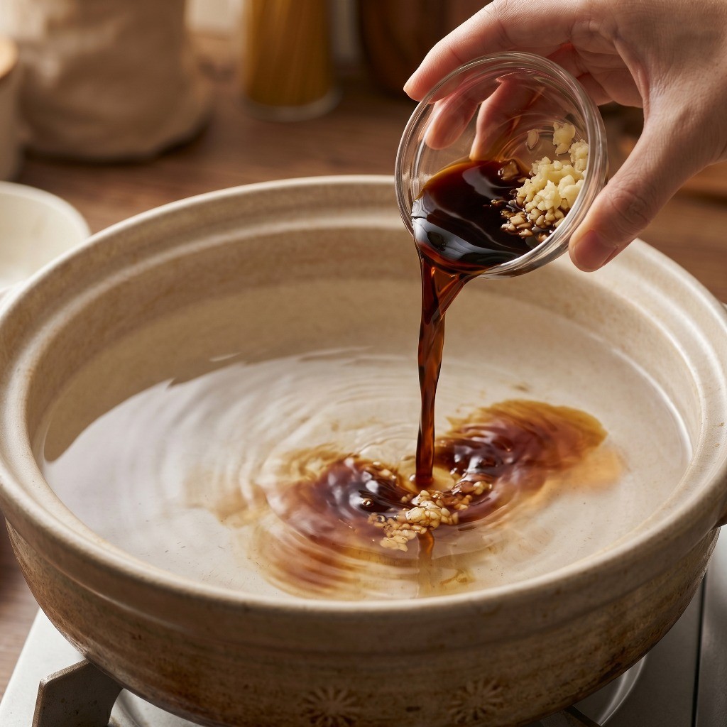 이연복 두부전골 끓이는 법 1단계: 참치액, 굴소스, 간장으로 전골 육수 밑간 맞추기