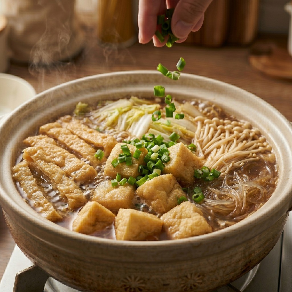 이연복 두부전골 끓이는 법 5단계: 대파 고명을 올려 먹음직스럽게 완성된 중국 가정식 두부전골