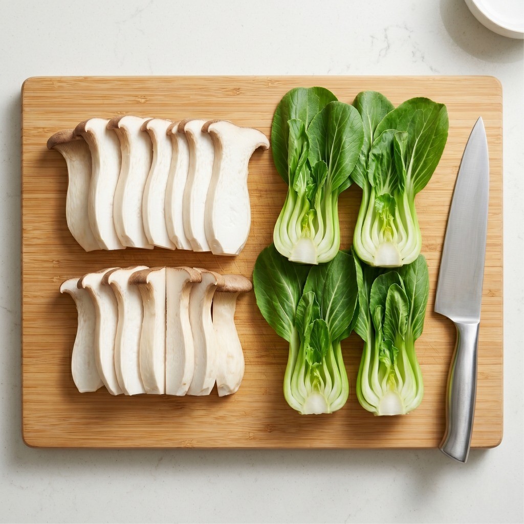 새송이청경채볶음 만들기 1단계: 도마 위에서 새송이버섯과 청경채 먹기 좋게 썰기