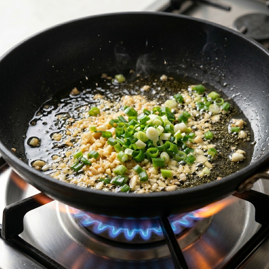 새송이청경채볶음 만들기 3단계: 프라이팬에 식용유를 두르고 다진 마늘과 파로 파기름 내기