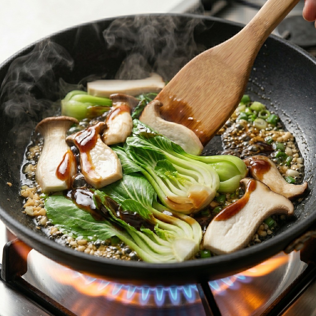 새송이청경채볶음 만들기 4단계: 파기름에 데친 채소와 굴소스, 간장 양념을 넣고 볶기