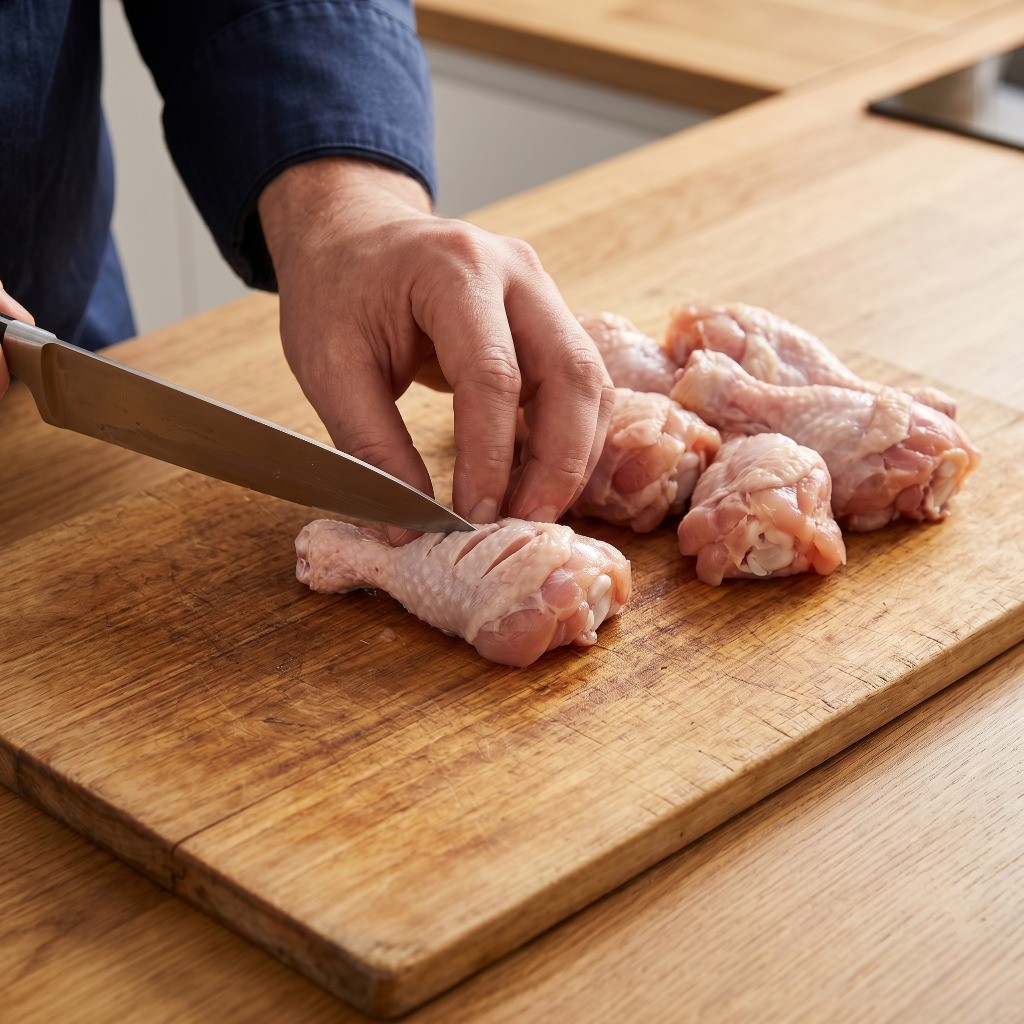 이연복 중식 닭봉찜 레시피 - 생닭봉 양면에 칼집을 내어 양념이 잘 배도록 손질하는 과정