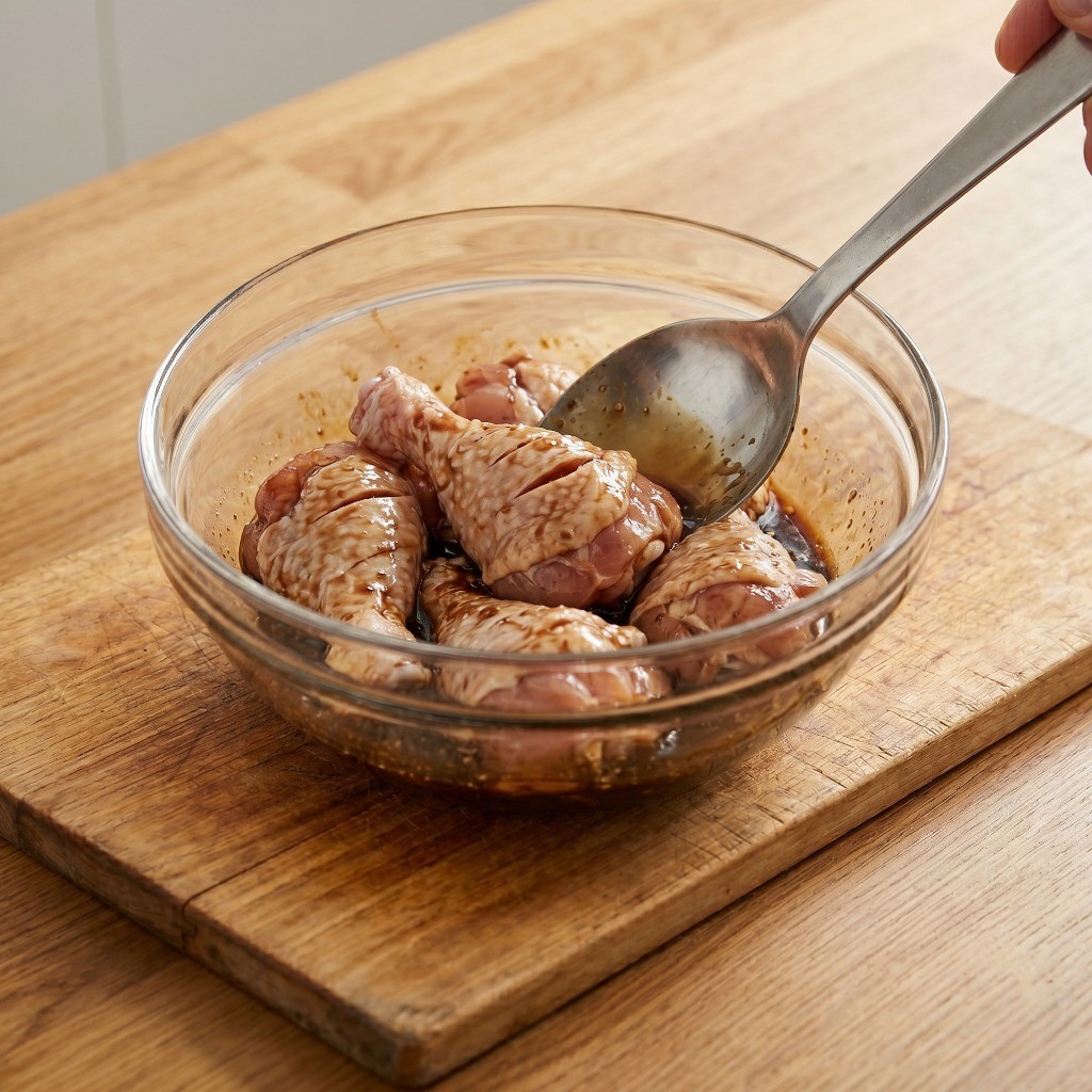 손질된 닭봉에 만들어둔 단짠 특제 간장 양념장을 넣어 밑간하는 모습