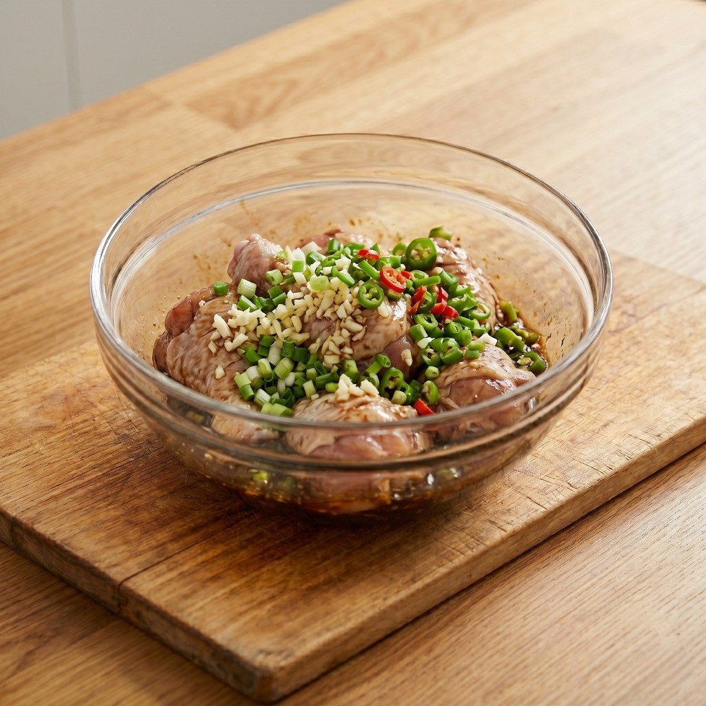 밑간한 닭봉 위에 다진 마늘, 대파, 청양고추 등 풍미를 높여줄 부재료 얹기