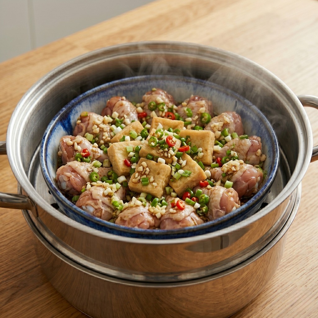 내열 용기에 닭봉과 두부튀김을 담고 찜기에서 15분간 튀기지 않고 건강하게 찌는 과정