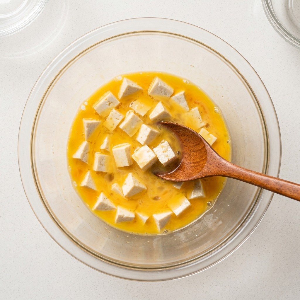 이연복 두부계란전골 레시피 1단계: 계란물에 깍둑썰기한 두부 풀기