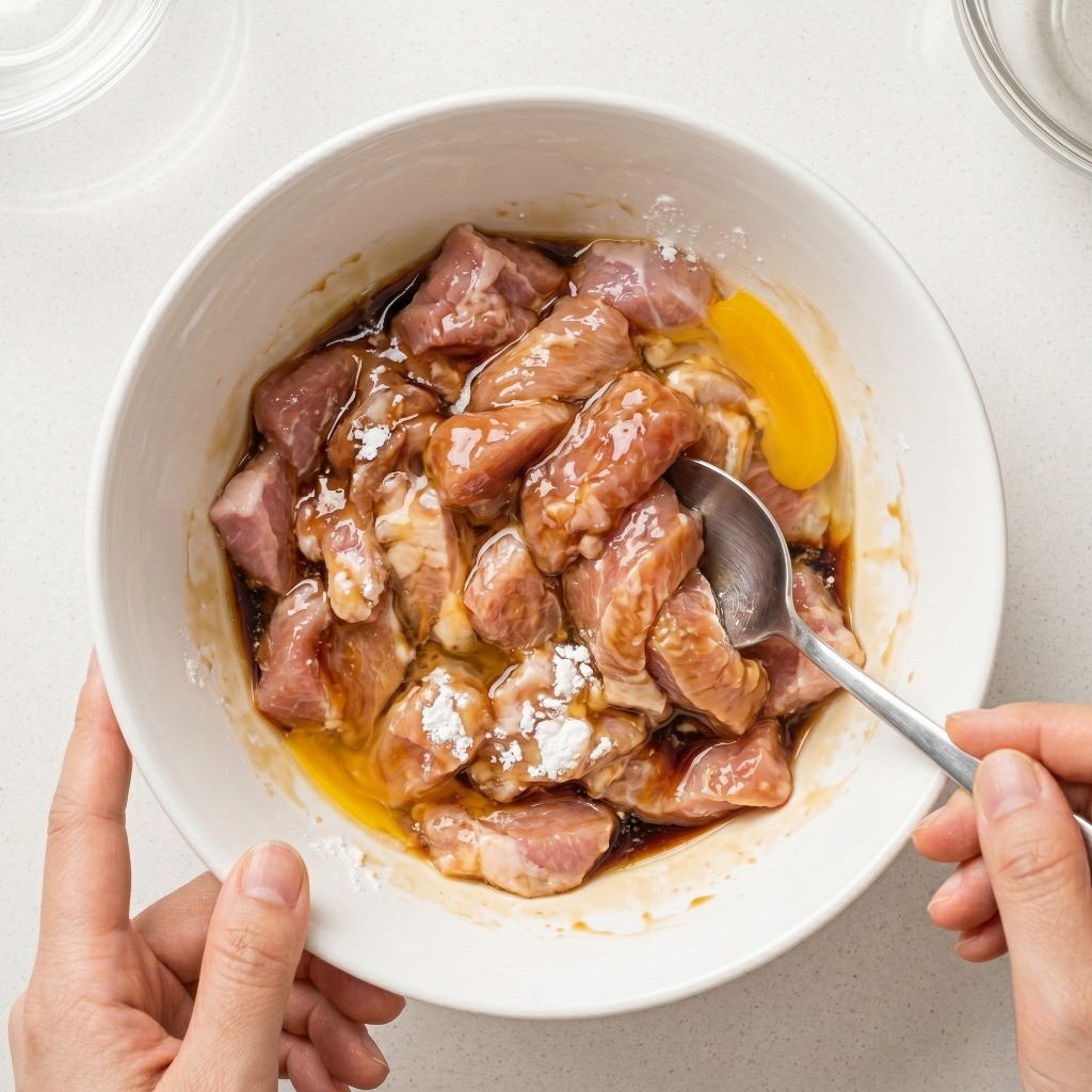 이연복 두부계란전골 레시피 3단계: 돼지고기에 전분과 계란 버무려 부드럽게 코팅하기