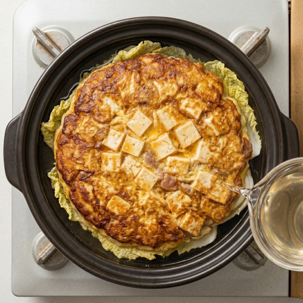 이연복 두부계란전골 레시피 5단계: 배추 위에 부친 두부계란 얹고 치킨스톡으로 전골 육수 간 맞추기