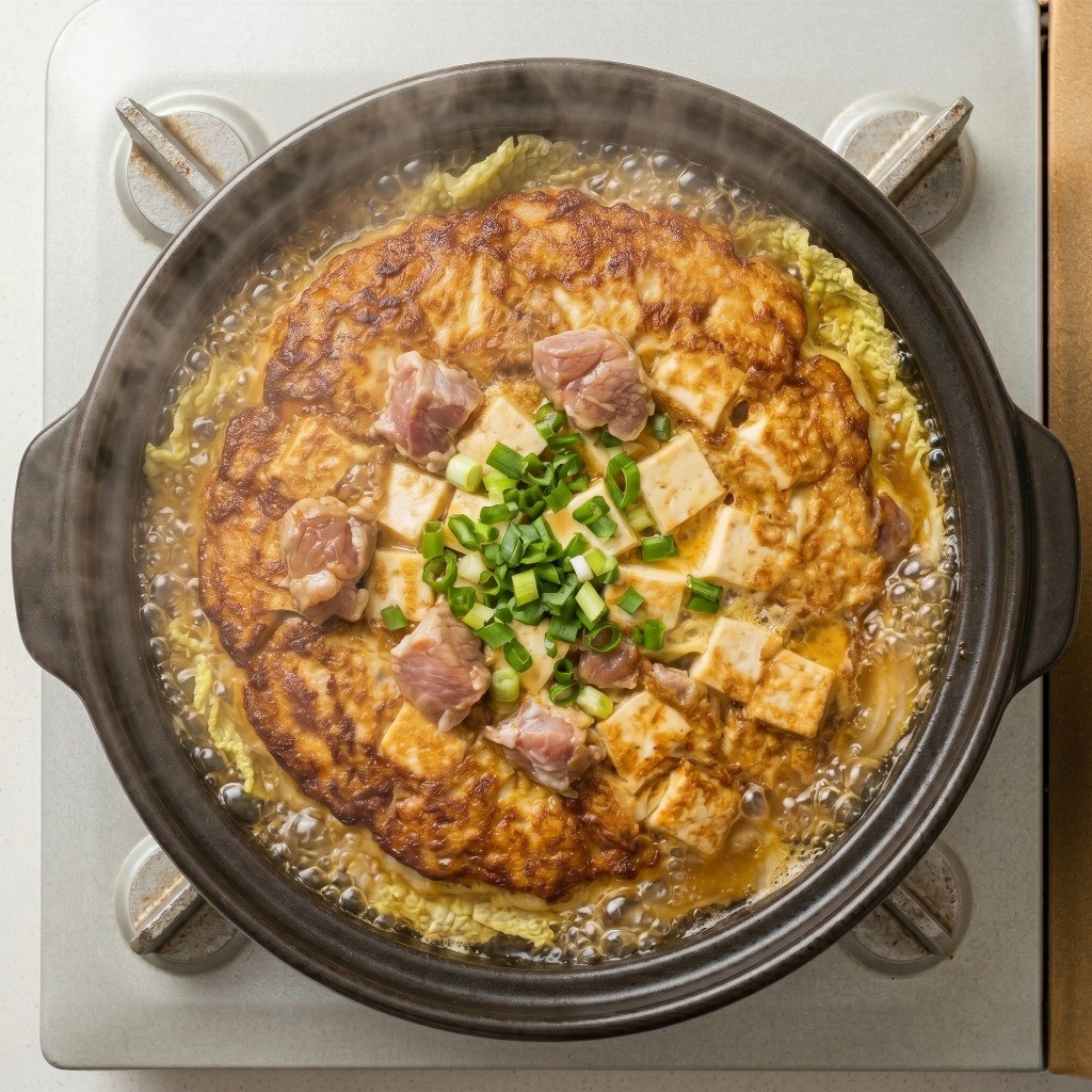 이연복 두부계란전골 레시피 6단계: 끓는 전골에 코팅된 돼지고기를 넣고 푹 익혀 완성하기