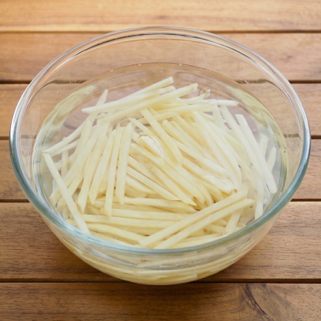 1단계: 감자채 전분 빼기 - 얇게 채 썬 감자를 찬물에 담가 아삭한 식감 살리는 과정