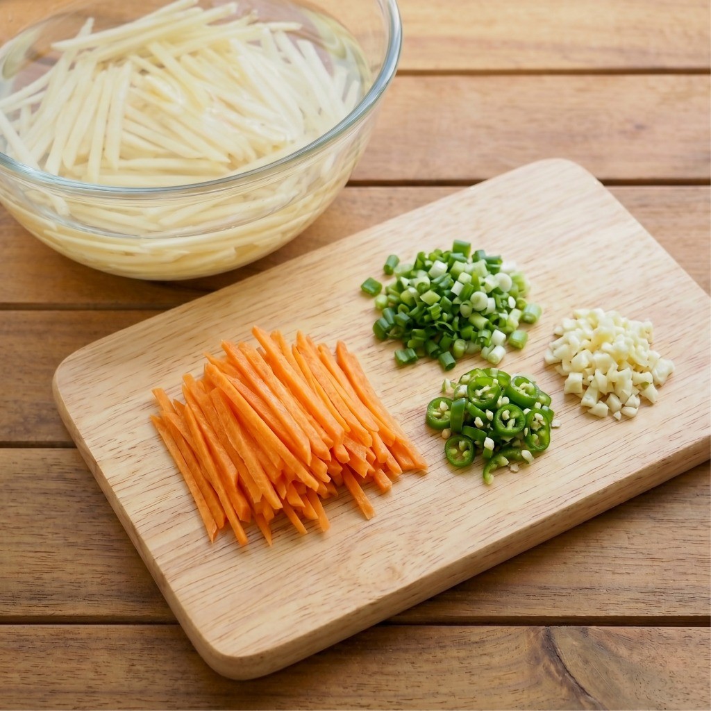 2단계: 감자채무침 부재료 손질 - 얇게 채 썬 당근과 잘게 다진 대파, 청양고추, 마늘 준비