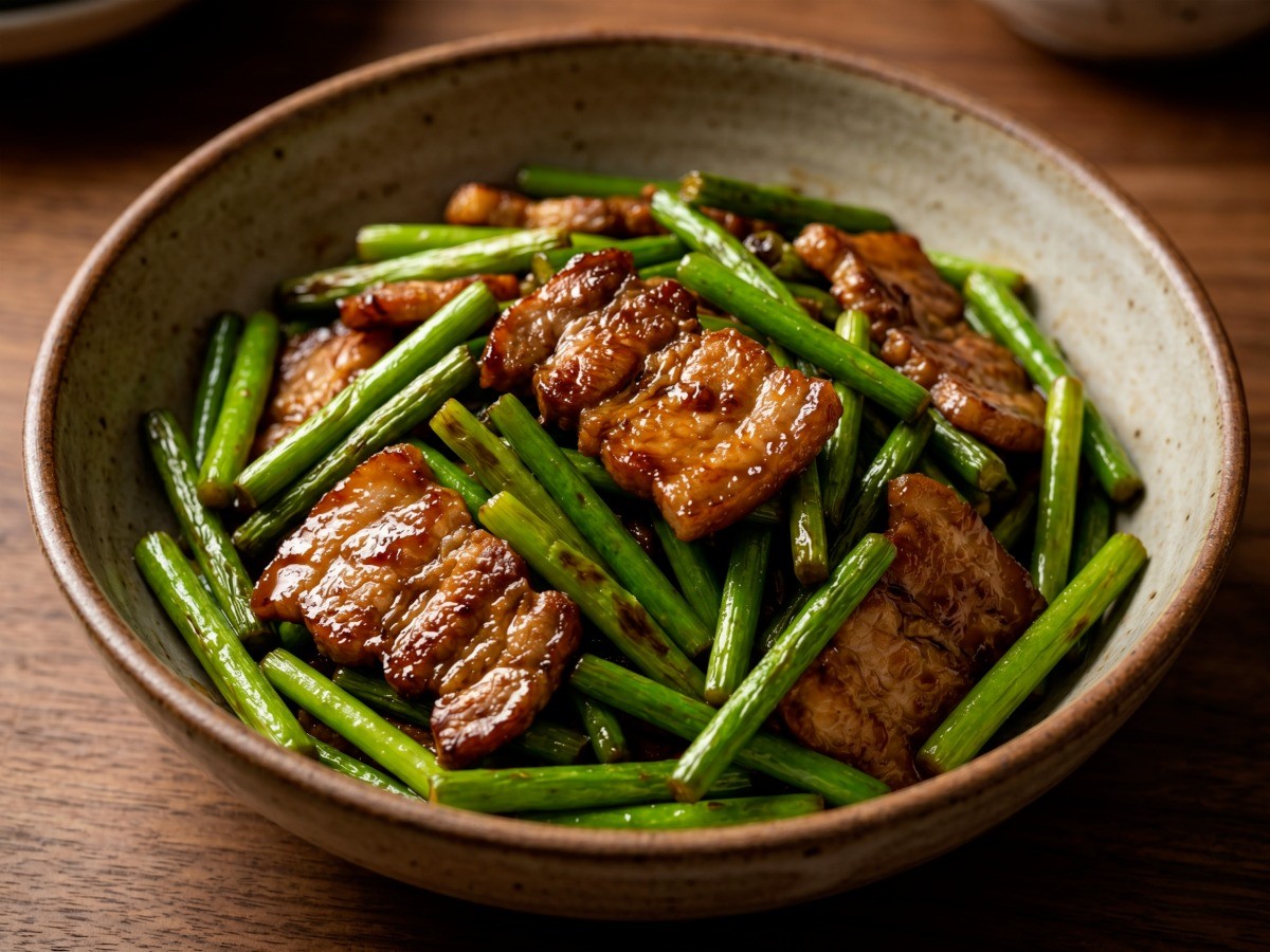 이연복 셰프 레시피로 만든 짭조름하고 고소한 마늘쫑 돼지고기 볶음 완성 모습, 초간단 중국 가정식 반찬