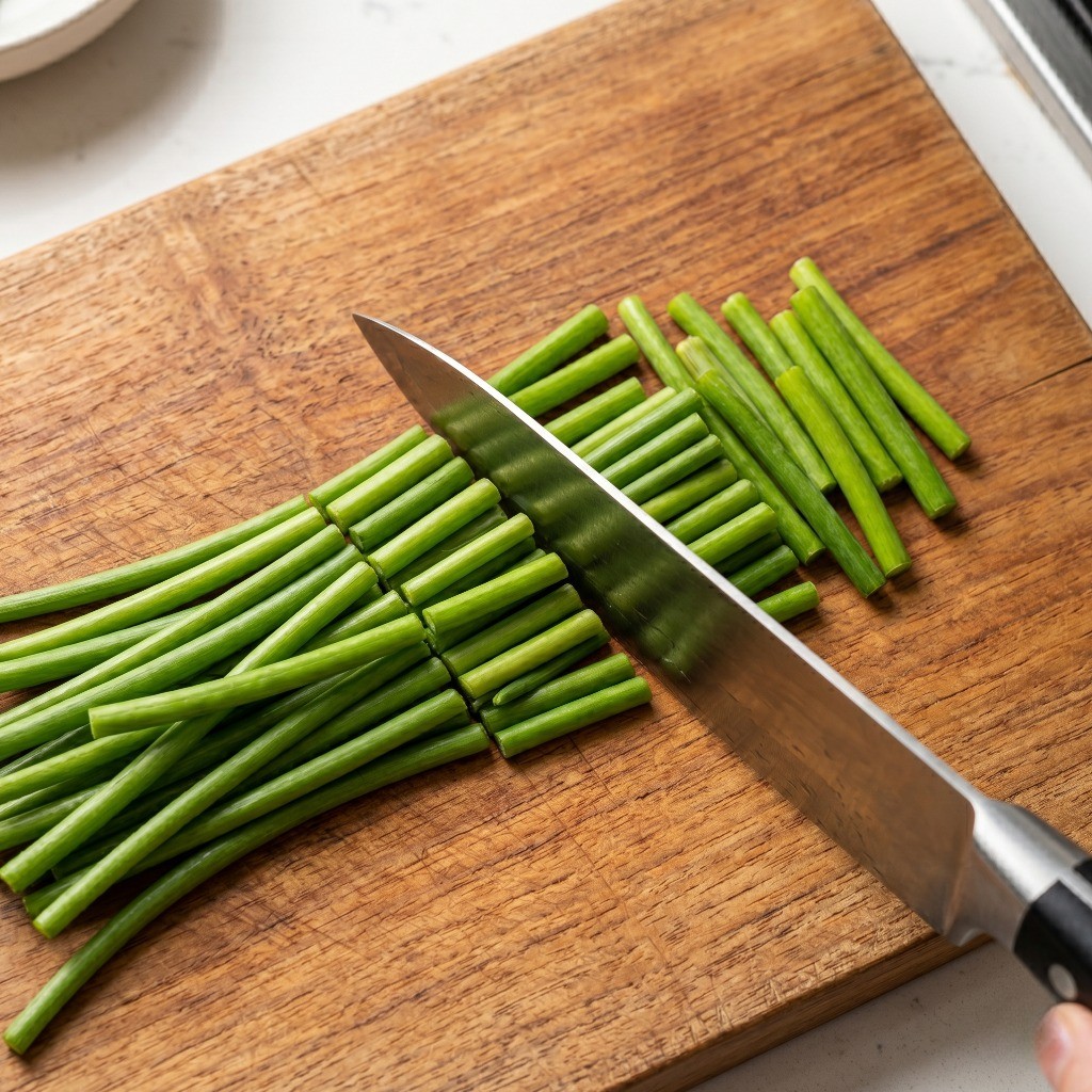 마늘쫑의 질긴 밑동을 자르고 먹기 좋은 한입 크기로 손질하는 조리 준비 과정