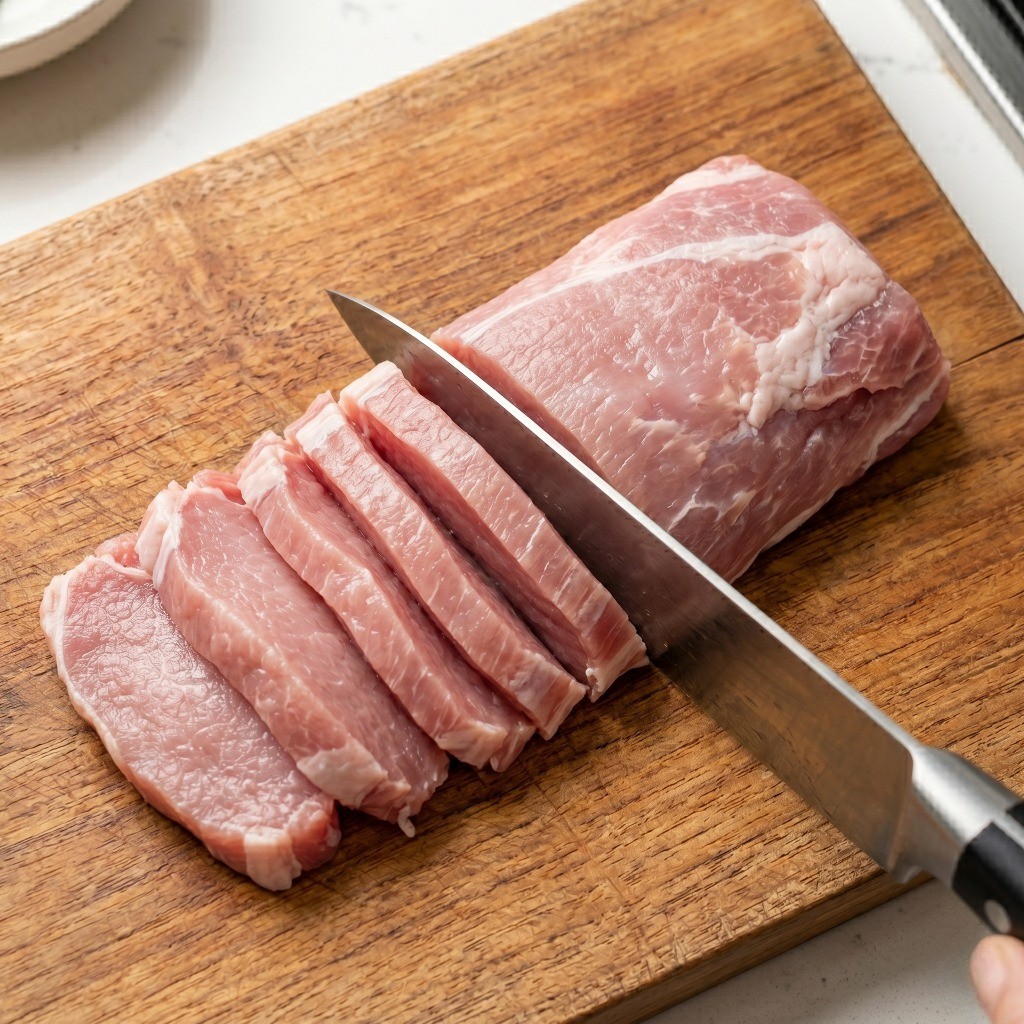 비계가 적당히 섞여 고소한 돼지고기를 얇고 길게 써는 요리 과정