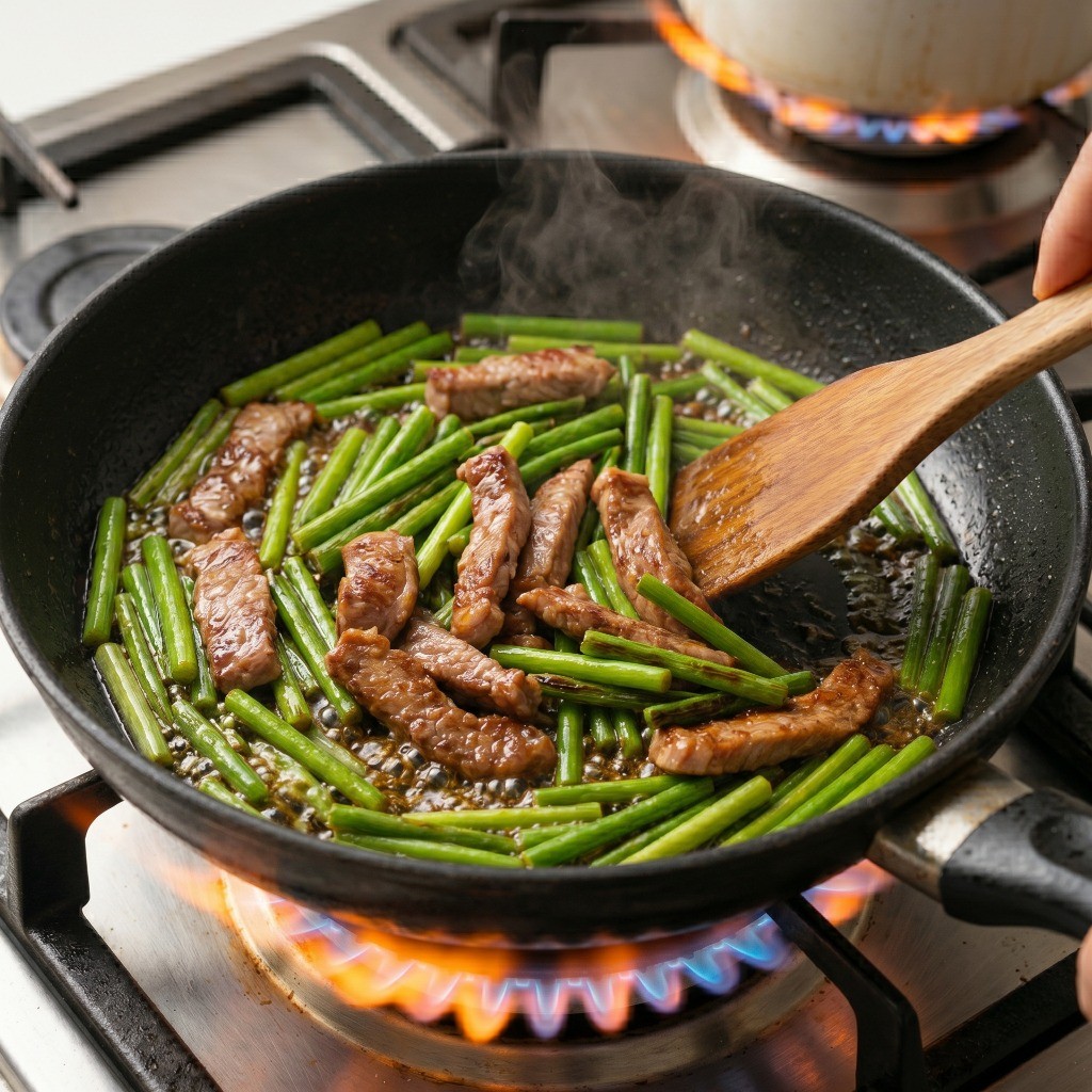 간장, 굴소스, 후춧가루를 넣고 수분이 날아갈 때까지 센 불에 바싹 볶아 완성하는 마늘쫑 돼지고기 볶음 조리 마무리