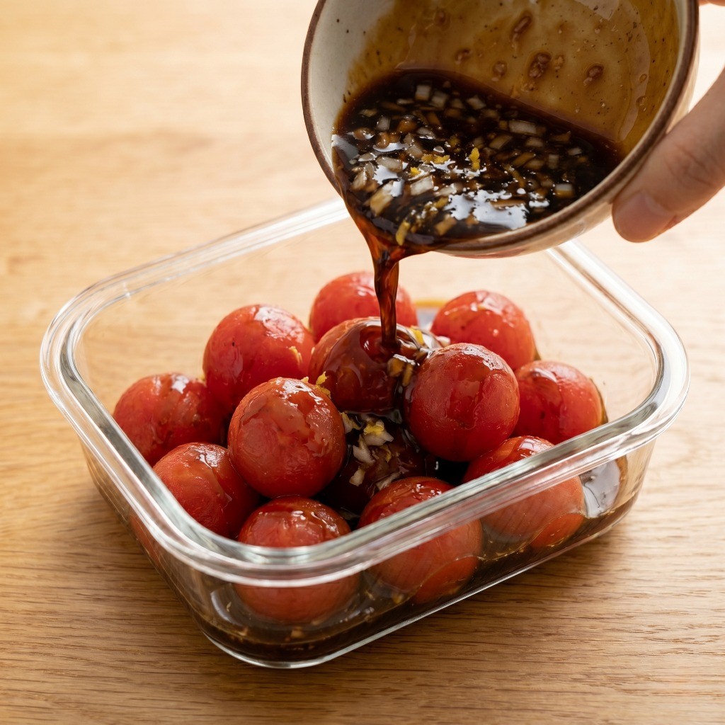 새콤달콤한 이연복 방울토마토 마리네이드 완성 및 밀폐용기에 담아 냉장 숙성하는 모습