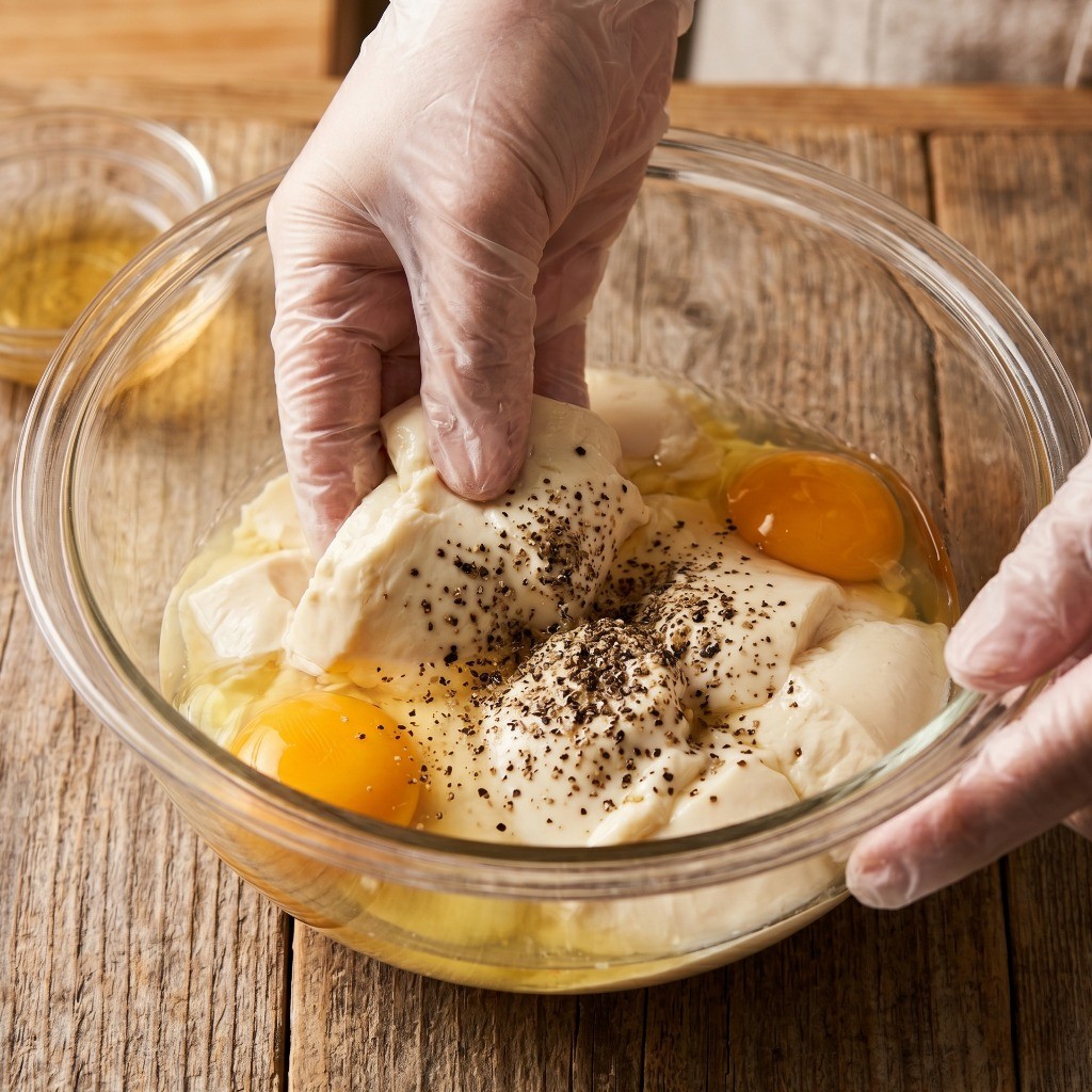 찌개용 두부에 계란을 넣고 으깨어 두부계란찜 반죽을 만드는 과정