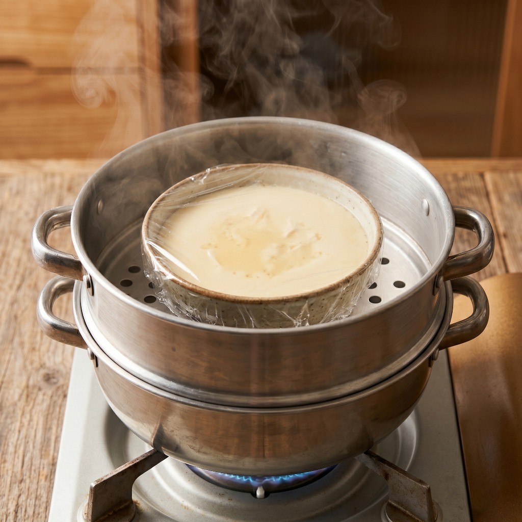 랩을 씌운 내열 접시를 찜기에 넣고 15분간 두부계란찜을 찌는 모습