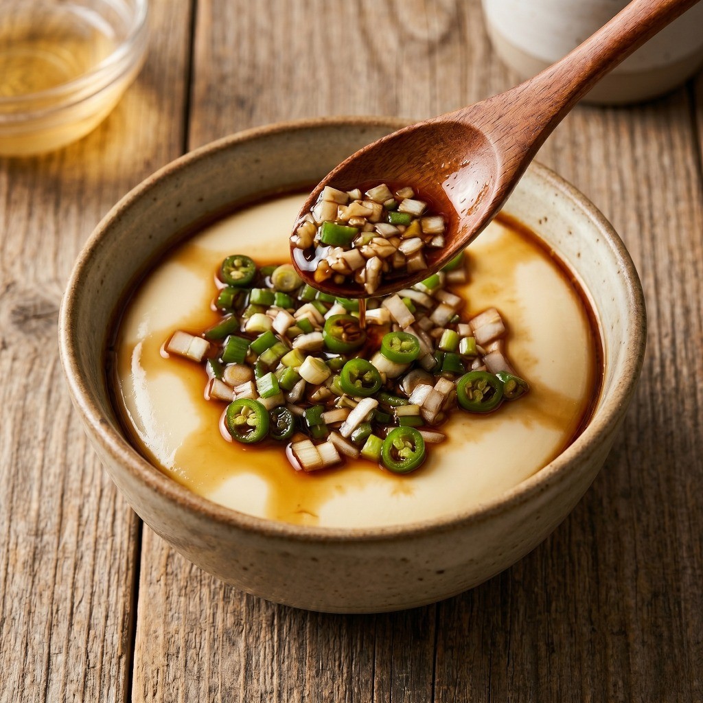 완성된 부드러운 두부계란찜 위에 매콤달콤한 만능 소스를 얹은 모습