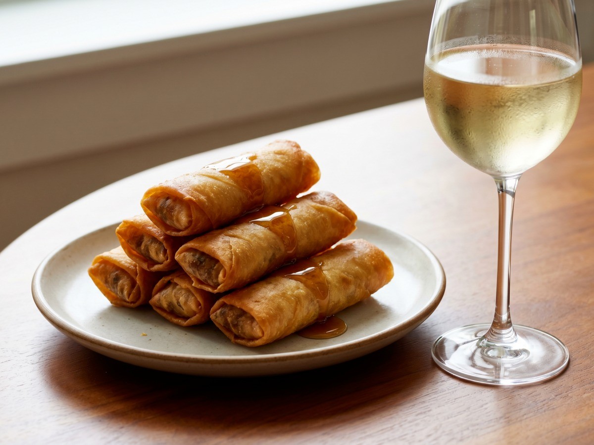 흑백요리사 만찢남 조광호 셰프의 페타치즈 게살 춘권 완성 요리, 메이플 시럽이 뿌려진 바삭한 와인 안주