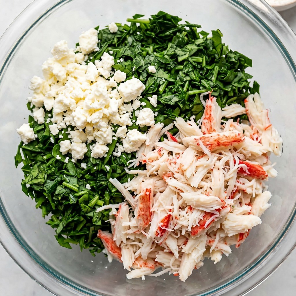 페타치즈 게살 춘권 속재료 만들기 - 다진 시금치, 게살, 페타치즈를 1:1:1 비율로 혼합하는 과정