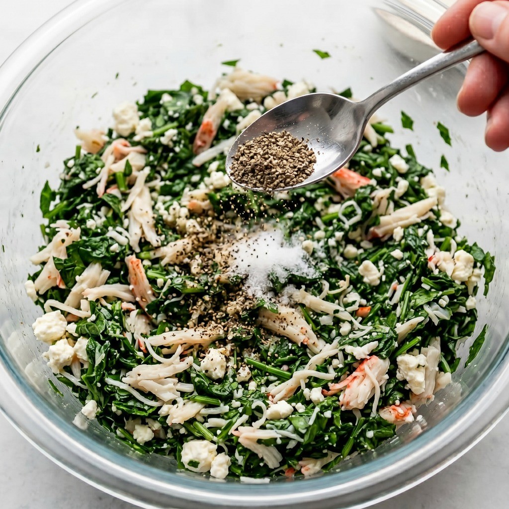 페타치즈 게살 춘권 레시피 - 혼합한 속재료에 후추와 설탕으로 밑간하여 감칠맛 더하기