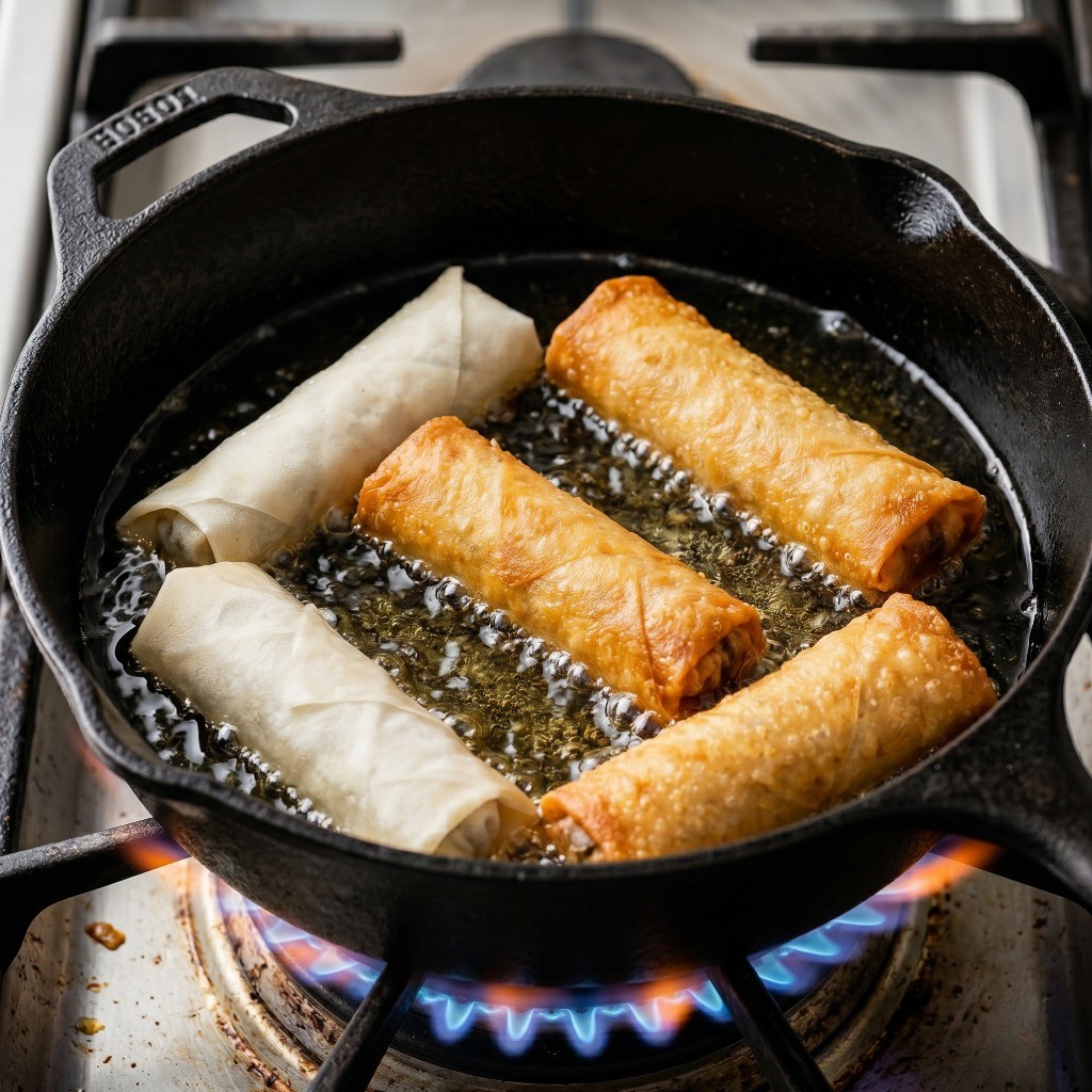 페타치즈 게살 춘권 조리 과정 - 은은한 온도의 기름에서 노릇하고 바삭하게 튀겨지는 모습