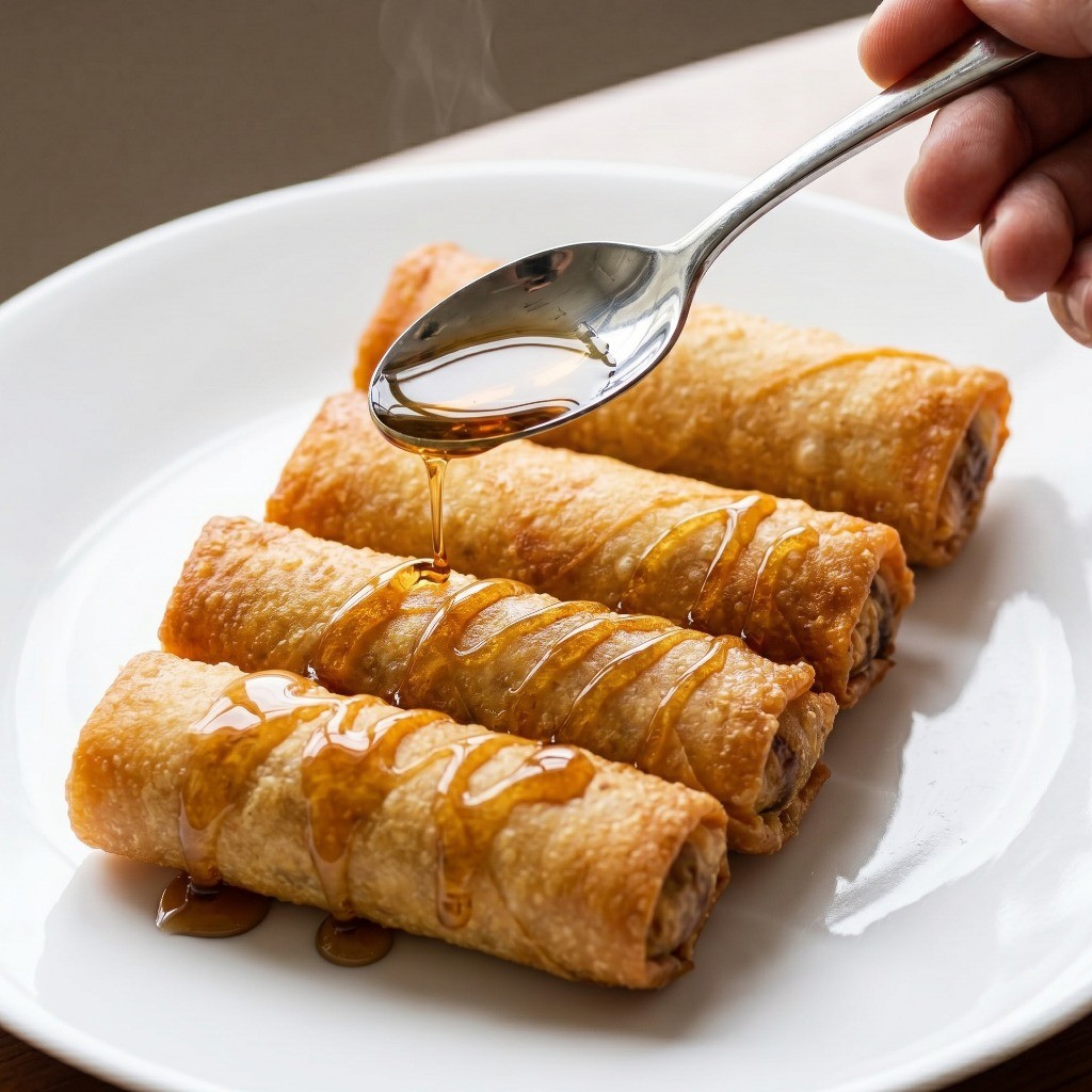 조광호 셰프 페타치즈 게살 춘권 완성 - 바삭하게 튀겨진 춘권 위에 달콤한 메이플 시럽 듬뿍 뿌리기