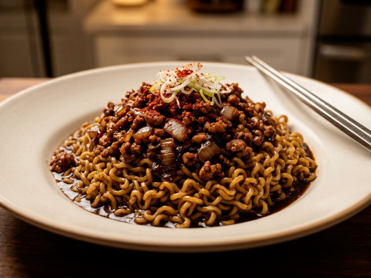 시판 짜장라면으로 만든 먹음직스러운 이연복 쟁반 유니짜장 완성 모습