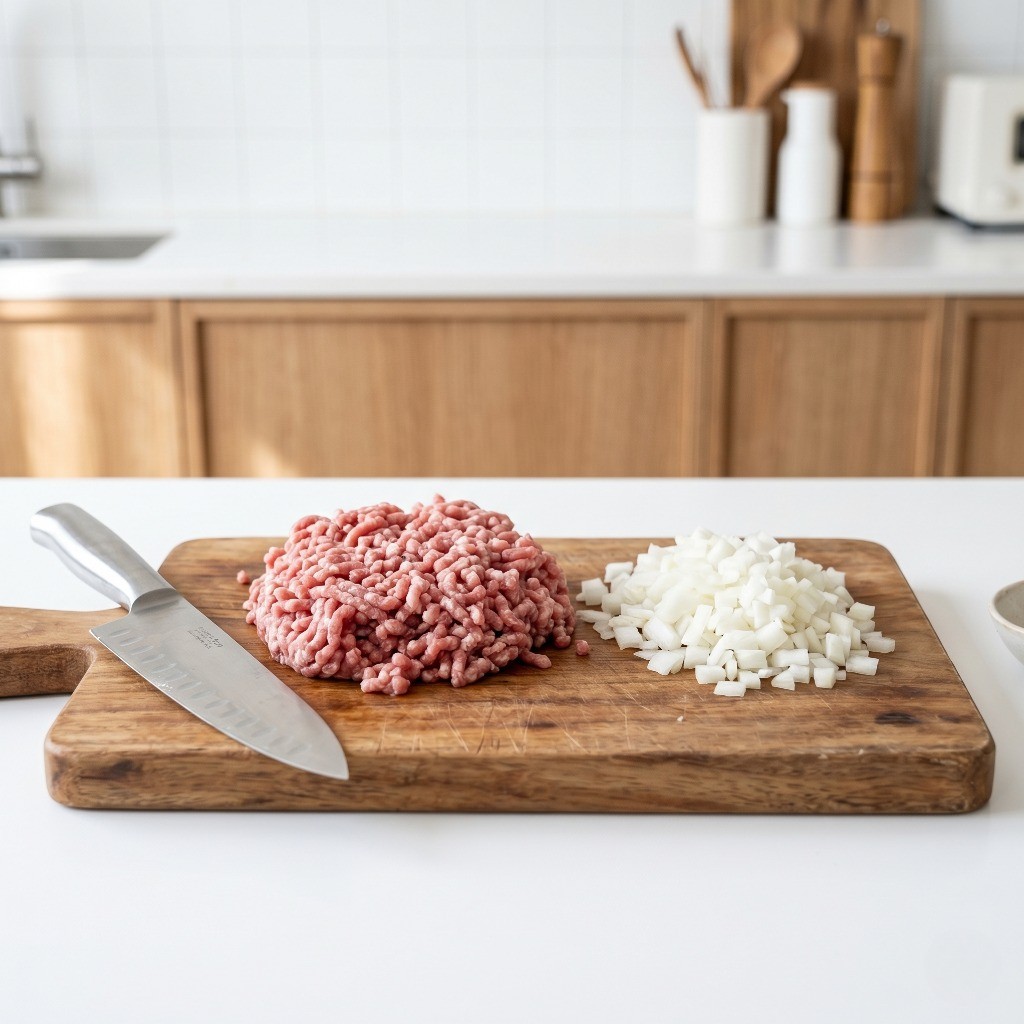 유니짜장 재료인 다진 돼지고기와 잘게 썬 양파 준비 과정
