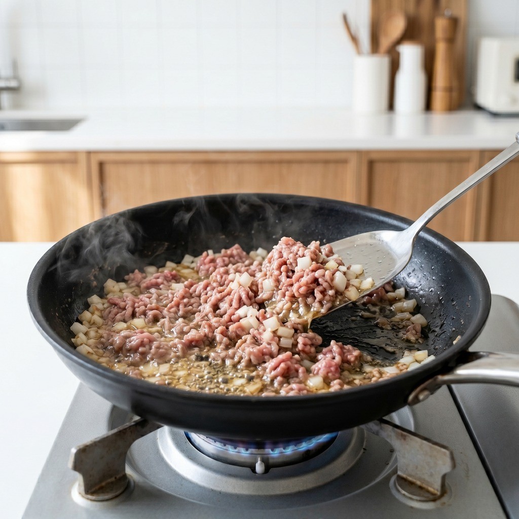 쟁반 유니짜장 조리를 위해 프라이팬에 양파와 다진 돼지고기를 볶는 과정