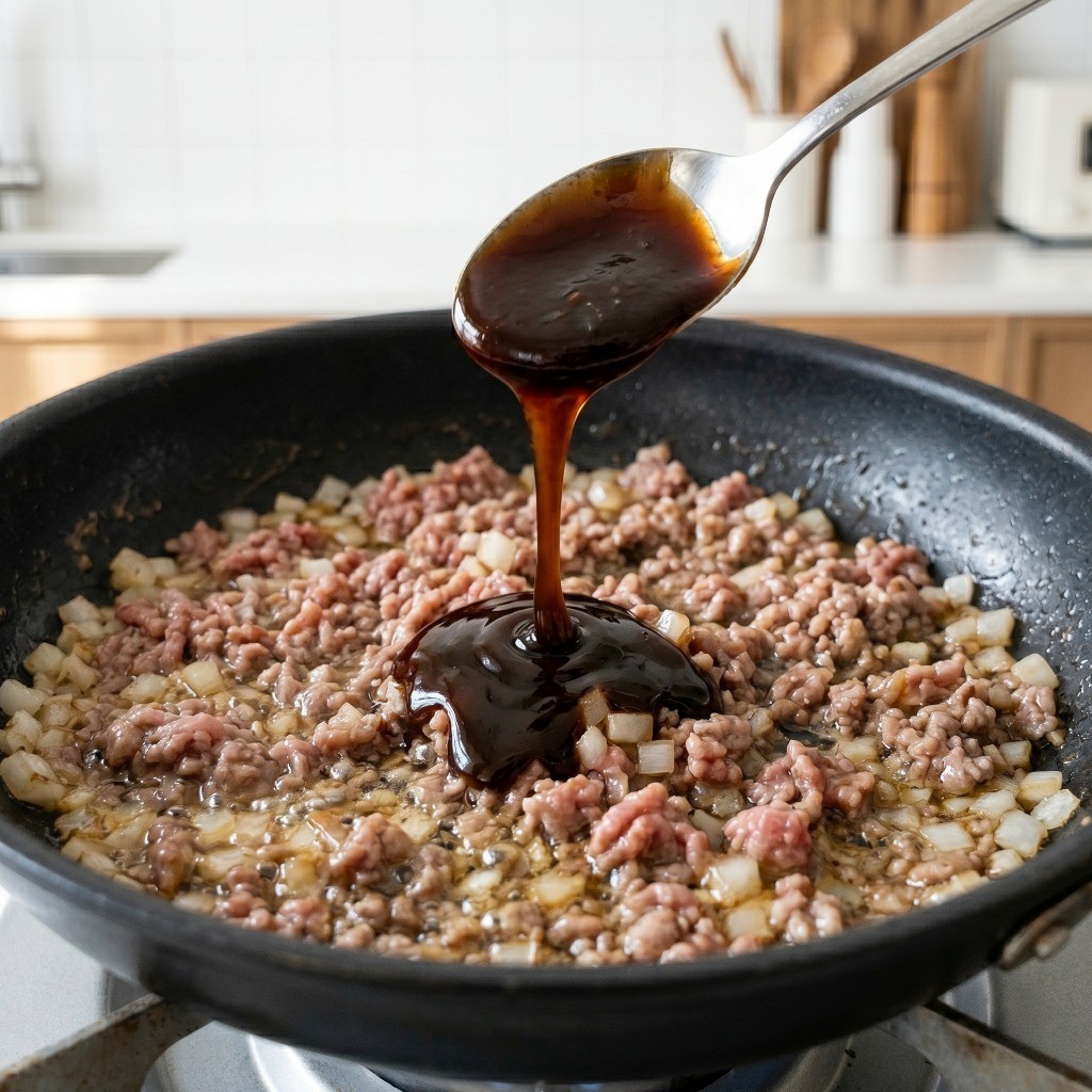 볶은 고기와 양파에 감칠맛을 더해줄 굴소스를 추가하는 모습