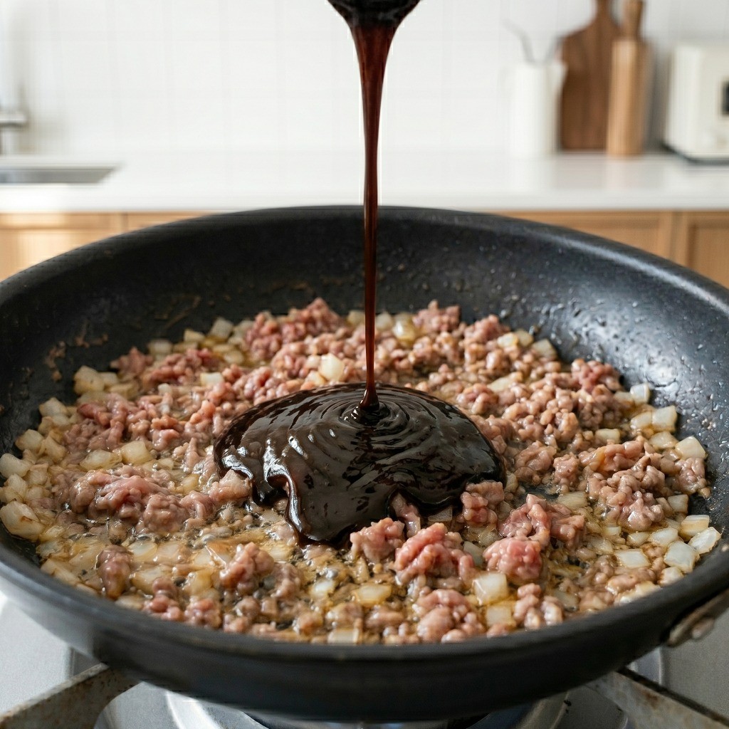 삶은 짜장라면 면과 액상 짜장 소스를 프라이팬에 넣고 섞는 모습