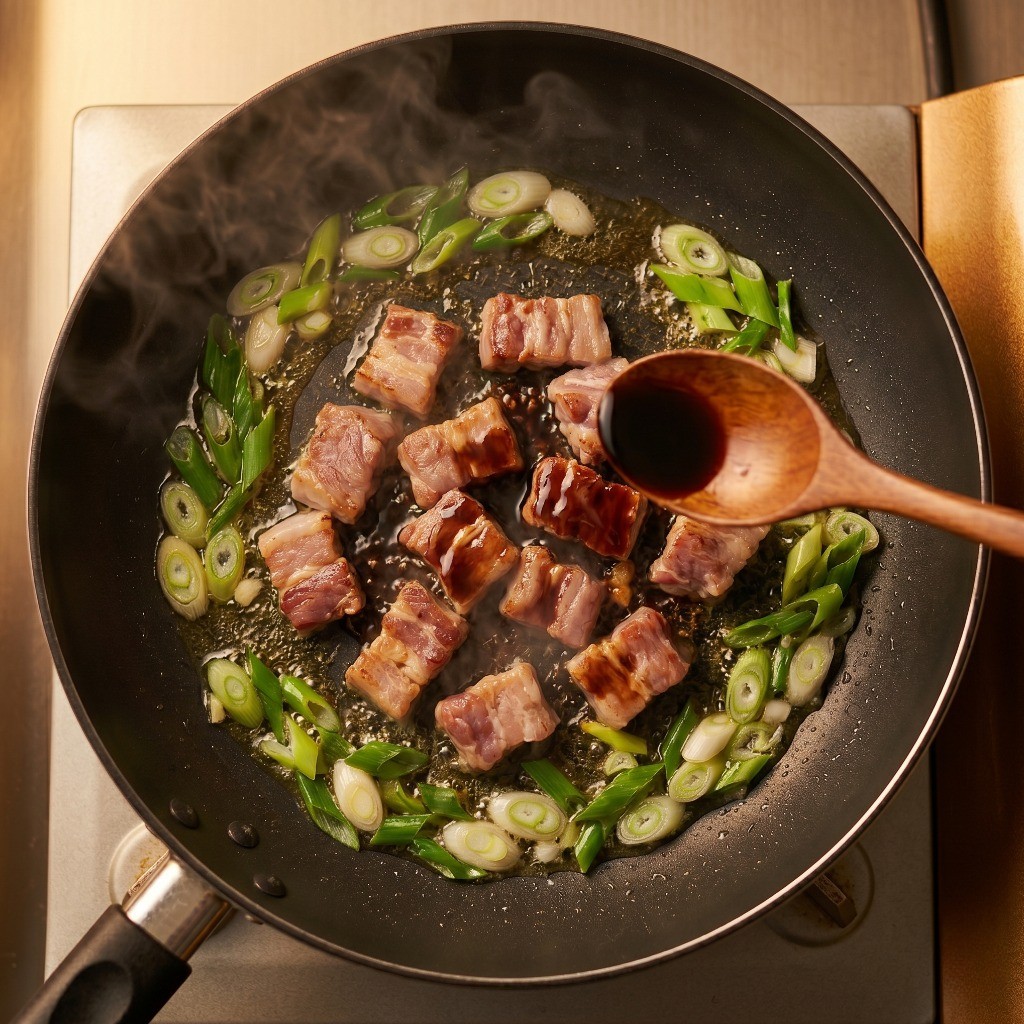 익은 돼지고기에 간장을 둘러 불향과 감칠맛을 더하는 조리 과정