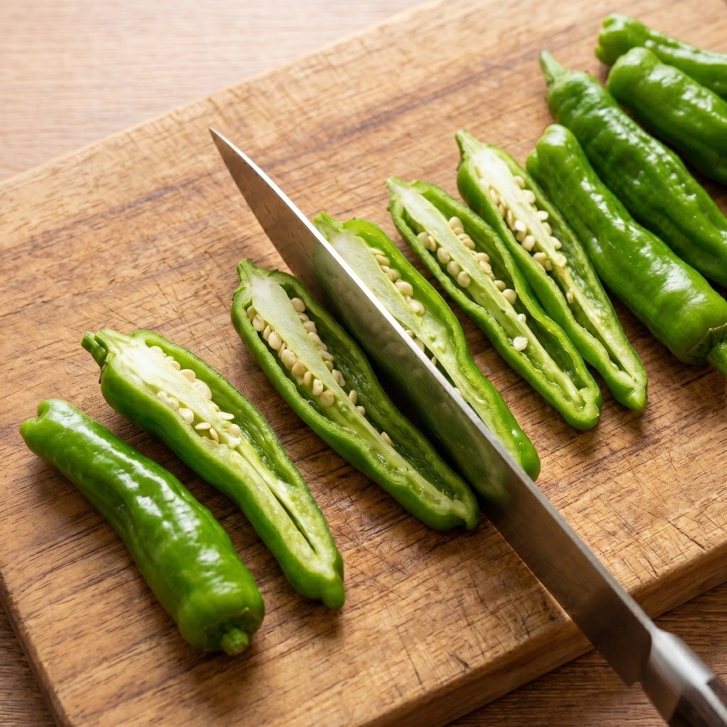 이연복 꽈리고추 계란볶음 레시피 1단계: 신선한 꽈리고추 꼭지 제거 및 길쭉하게 써는 모습