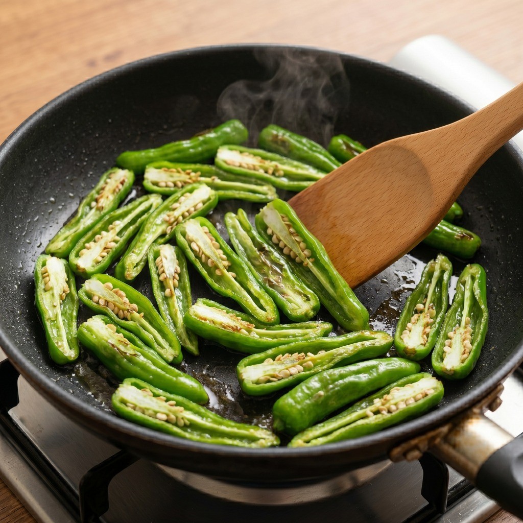 이연복 꽈리고추 계란볶음 레시피 2단계: 프라이팬에 꽈리고추와 치킨스톡을 넣고 가볍게 볶아내는 과정