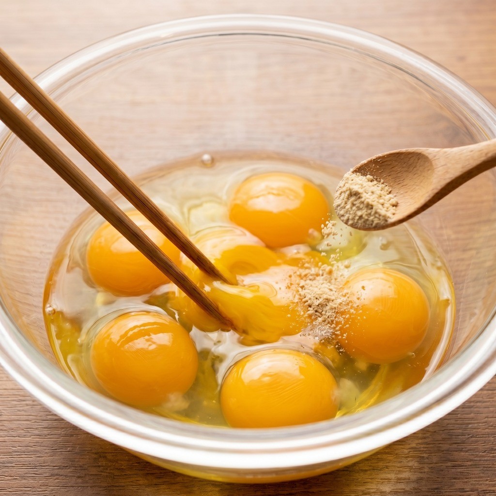 이연복 꽈리고추 계란볶음 레시피 3단계: 볼에 계란 5개와 치킨스톡을 풀어서 부드러운 계란물 만들기