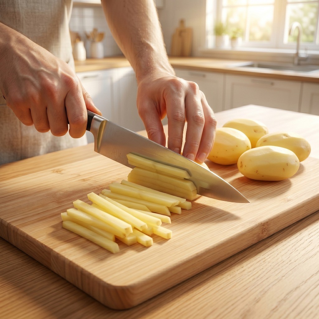 매콤 감자채 볶음 레시피 1단계: 감자를 일정한 두께로 채 써는 모습