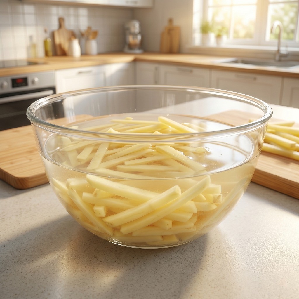 매콤 감자채 볶음 레시피 2단계: 채 썬 감자를 식초물에 담가 전분을 빼는 모습