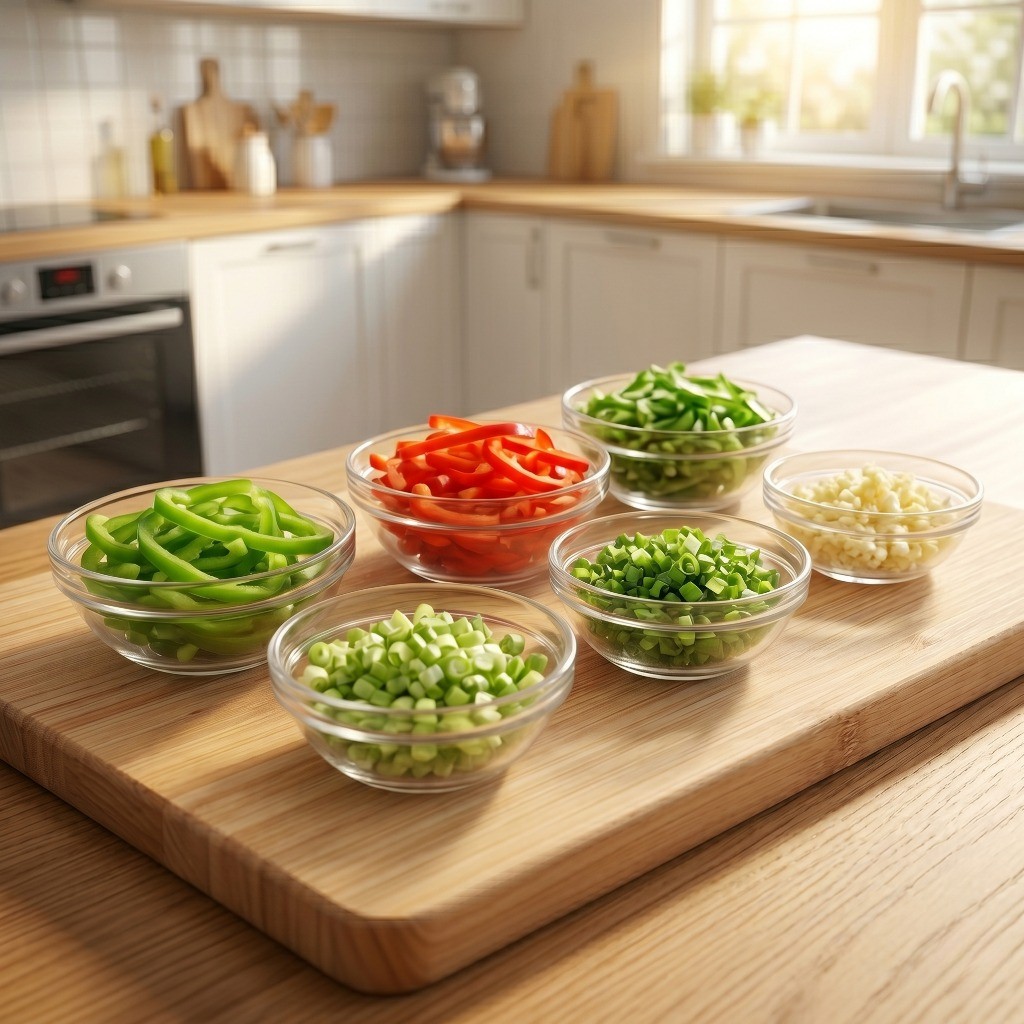 매콤 감자채 볶음 레시피 3단계: 파, 마늘, 피망 등 부재료를 손질한 모습