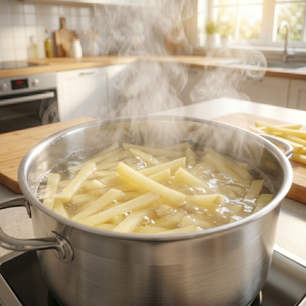 매콤 감자채 볶음 레시피 4단계: 끓는 물에 20초간 데친 감자를 찬물에 헹구는 모습
